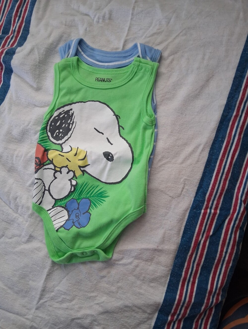 Kyte BABY Green Snoopy & Woodstock Sleeveless Bodysuit with Blue Trim